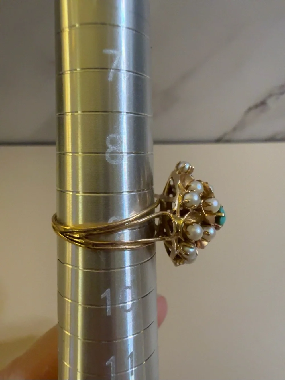 Vintage 14K Gold Pearl & Natural Turquoise Floral Cluster Ring